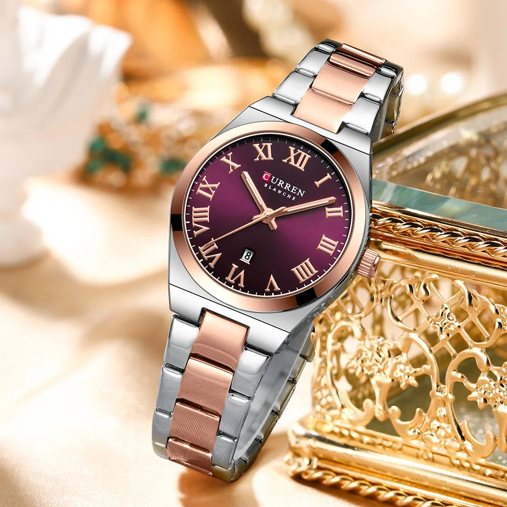 Curren women's watch with a round purple dial, Roman numerals, and a two-tone silver and rose gold stainless steel band.