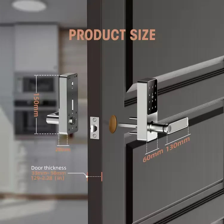 Modern silver smart door lock with digital keypad and fingerprint scanner, shown with technical dimensions on a door.