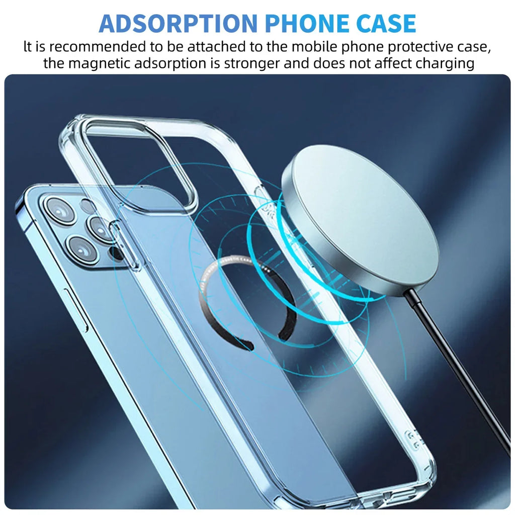 Clear, transparent magnetic phone case with a sleek, minimalist design compatible with magnetic wireless charging.