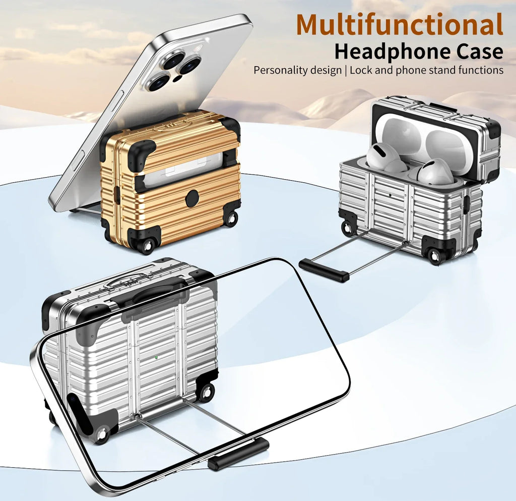 Gold and silver suitcase-style protective cases for AirPods Pro, featuring a built-in phone stand.