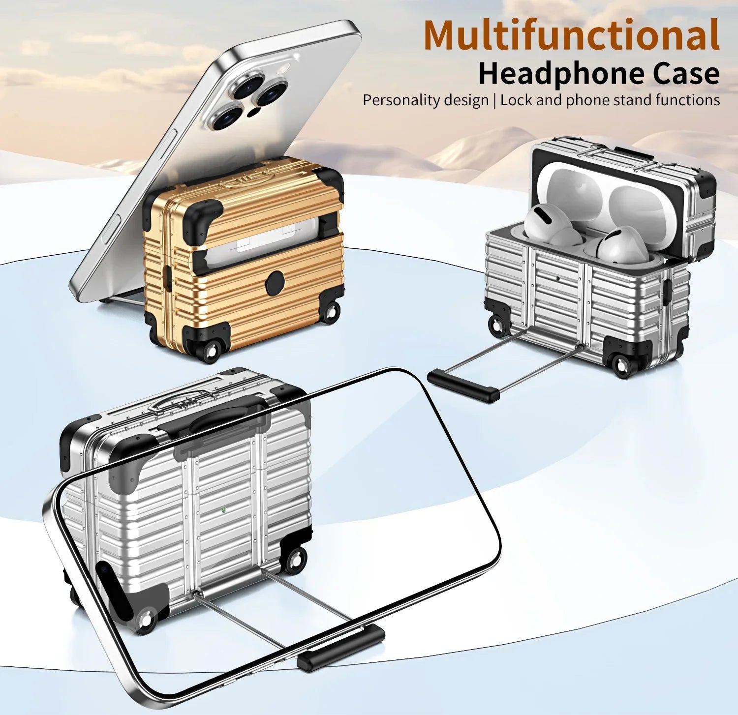 Gold and silver suitcase-style protective cases for AirPods Pro, featuring a built-in phone stand.