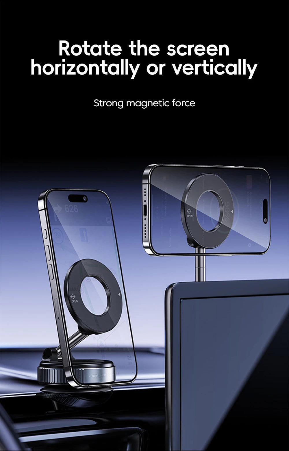 Black magnetic phone car mount with an adjustable arm for horizontal or vertical screen rotation.