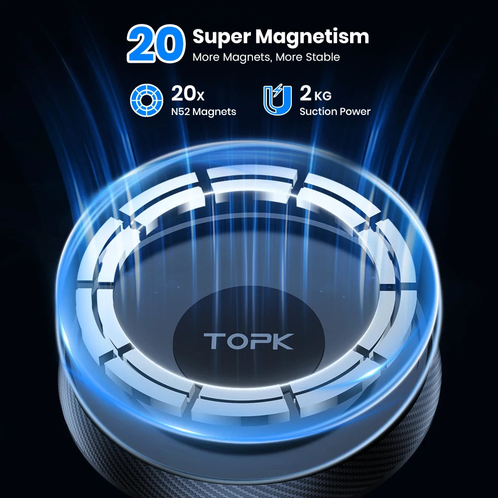 A circular magnetic mount with silver segments glowing with blue light, set against a dark, tech-focused background.