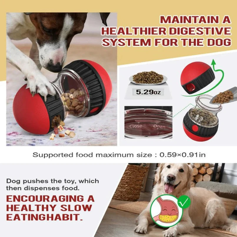 Red and black interactive dog toy that dispenses food as the dog rolls it to encourage slower, healthier eating.