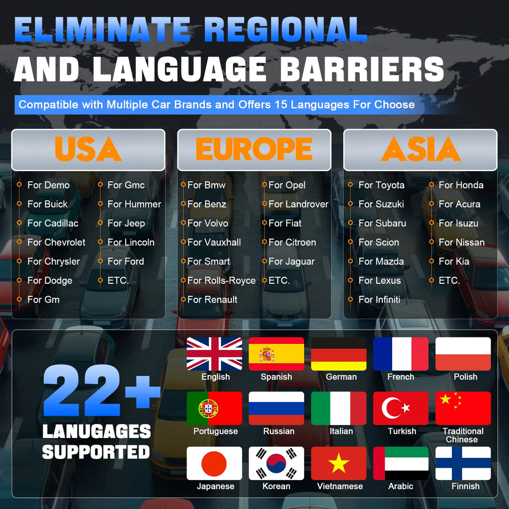 XTOOL D5 OBD2 scanner graphic showing compatibility with USA, Europe, and Asia car brands and 22+ languages.