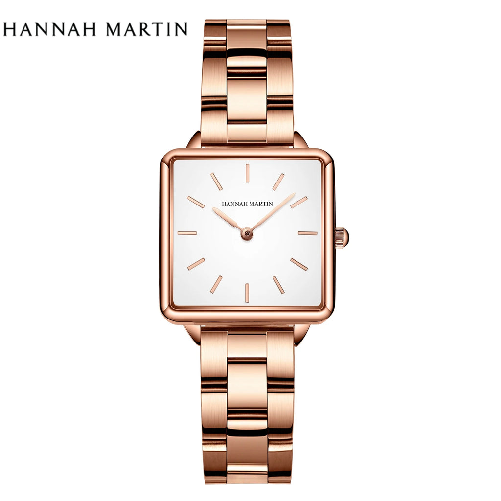 Rose gold square quartz watch with stainless steel link strap and minimalist white dial.