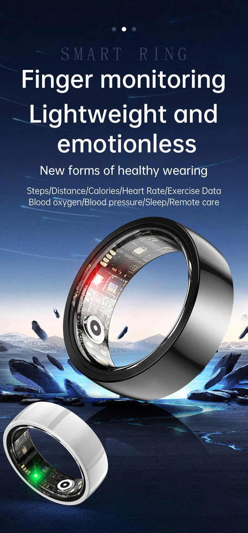 Sleek black and silver smart fitness rings featuring visible inner health sensors and a lightweight, modern design.