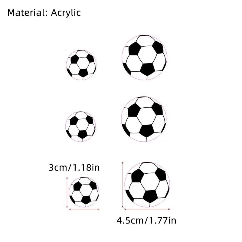 Set of circular acrylic football-style patches, featuring black and white patterns in 3cm and 4.5cm diameter sizes.