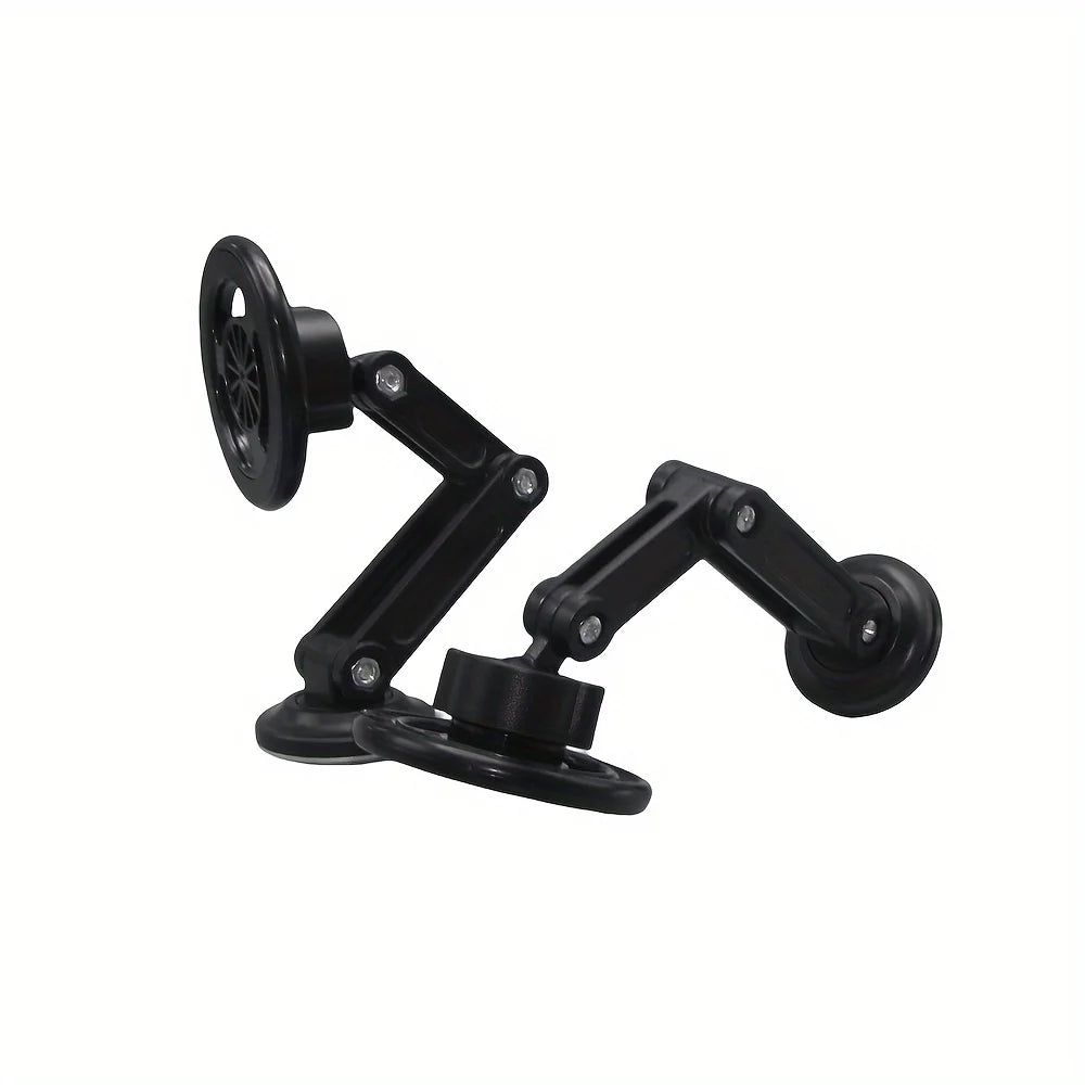 Two black, adjustable multi-jointed mounting arms with suction cup bases and flat circular device holders.