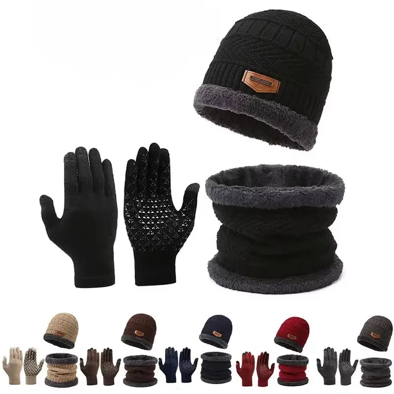 Men’s black 3-piece winter set: cable-knit beanie with fleece lining, infinity scarf, and touchscreen-compatible gloves.