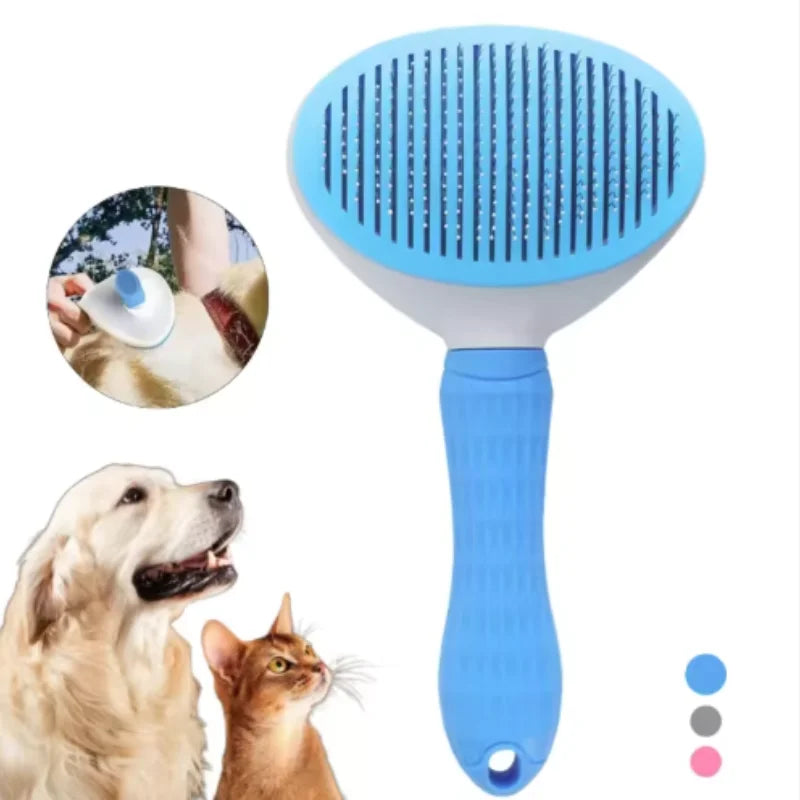 Blue self-cleaning slicker brush for pets with a textured grip, featuring a dog and cat for scale.