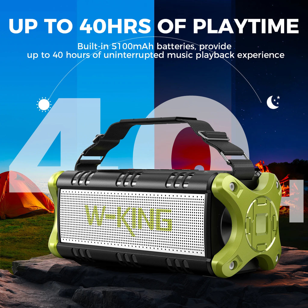Portable black and olive green waterproof Bluetooth speaker with a convenient carry strap, set against a camping scene.