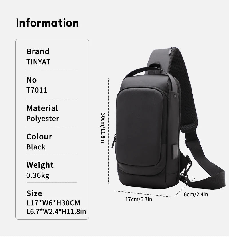 Black waterproof crossbody sling bag with a built-in USB charging port and an adjustable shoulder strap.