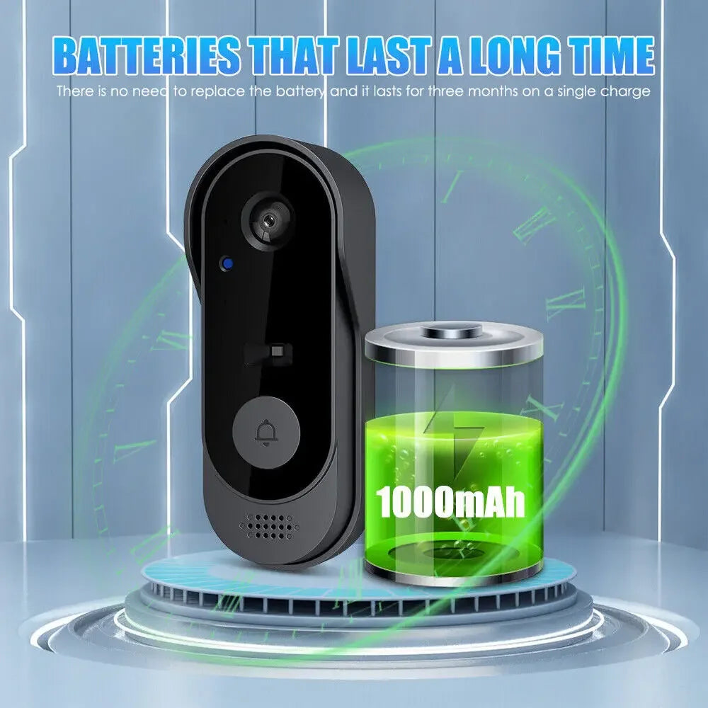 Sleek black wireless smart doorbell with camera and doorbell button, displayed next to a long-lasting battery icon.