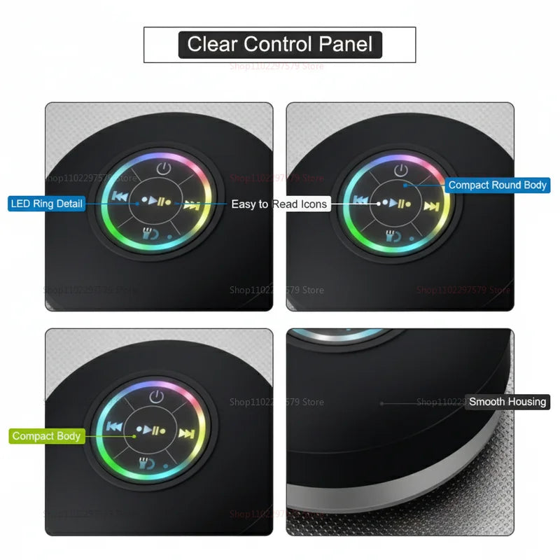 Close-up of a black, round portable speaker featuring a multicoloured LED light ring and easy-to-use control icons.