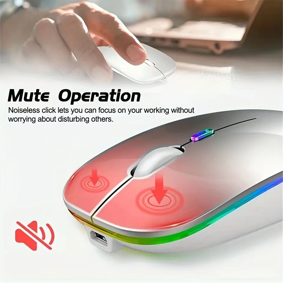 Slim, silver wireless rechargeable ergonomic mouse with silent click buttons and colourful LED lighting.