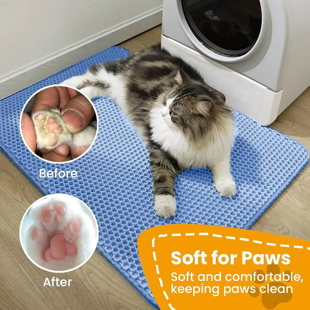Blue, textured, double-layer cat litter mat with a fluffy cat sitting on it, plus close-ups of clean cat paws.