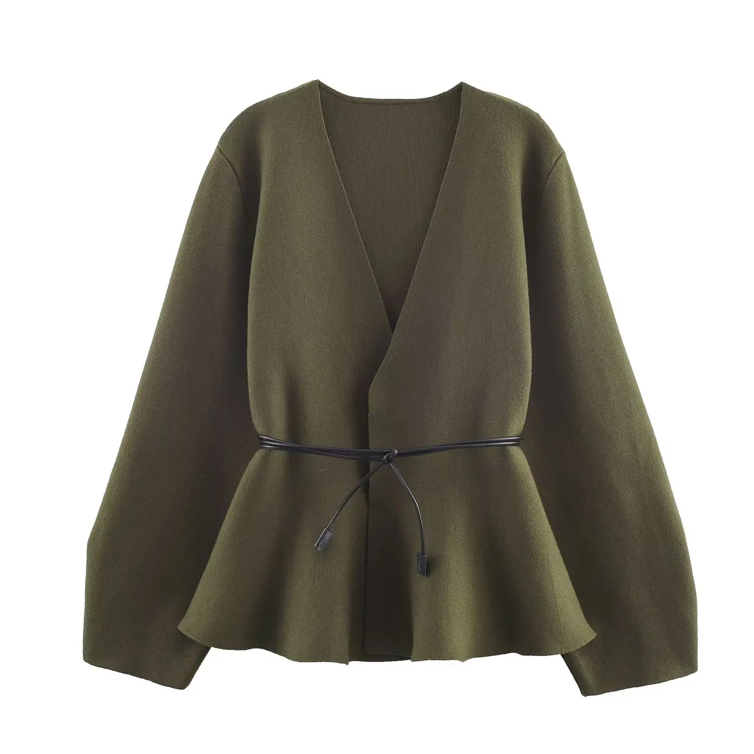 Olive green, V-neck peplum cardigan with long sleeves and a thin black tie-waist belt.