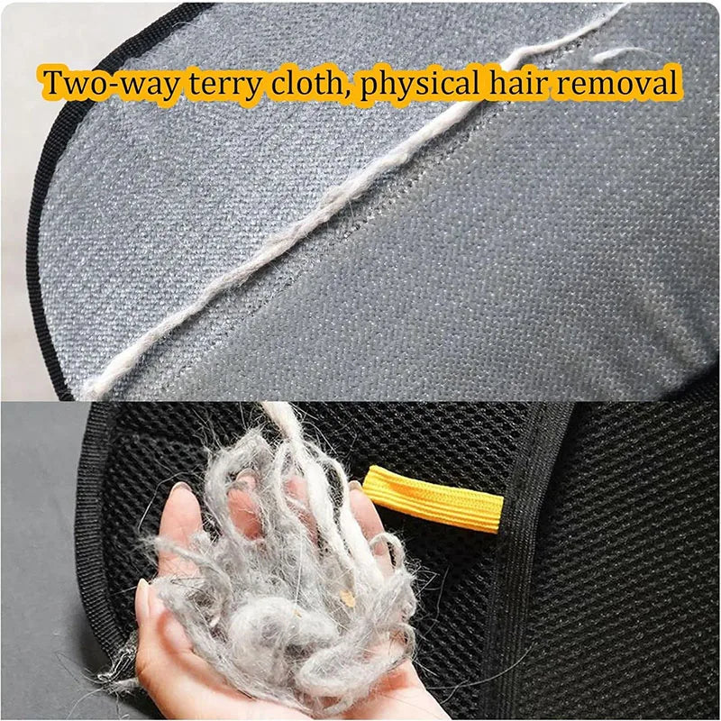 Grey, two-way terry cloth lint remover tool, shown cleaning up hair and lint from a black fabric surface.