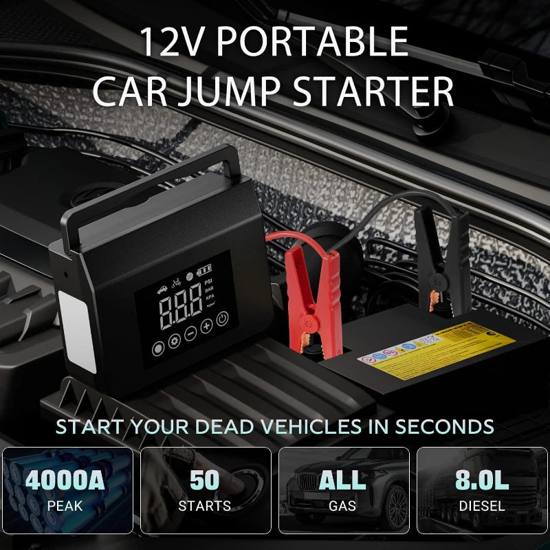 Black 4000A car jump starter with digital screen, connected to a car battery with red and black clamps under a hood.