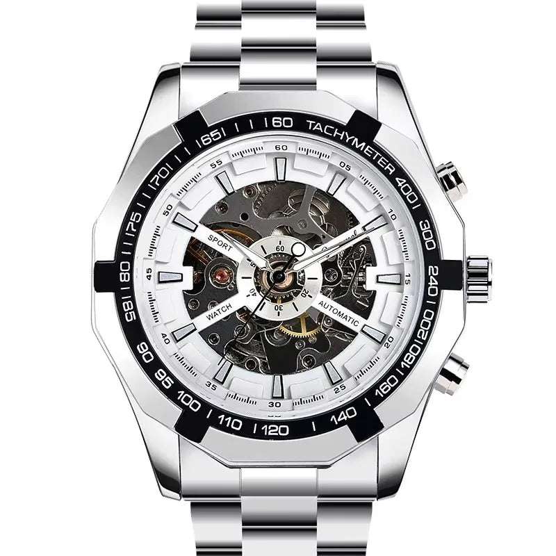 Luxury stainless steel automatic men’s watch with a skeleton dial, tachymeter bezel, and silver link bracelet.