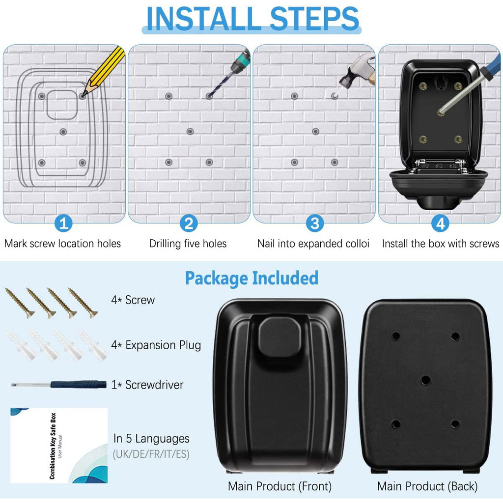 Black metal wall-mounted combination key safe box with screws, expansion plugs, screwdriver, and manual.