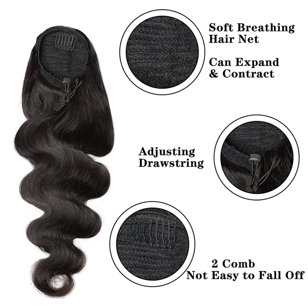 Natural black human hair drawstring ponytail extension with body waves, a mesh cap, combs, and an adjustable cord.