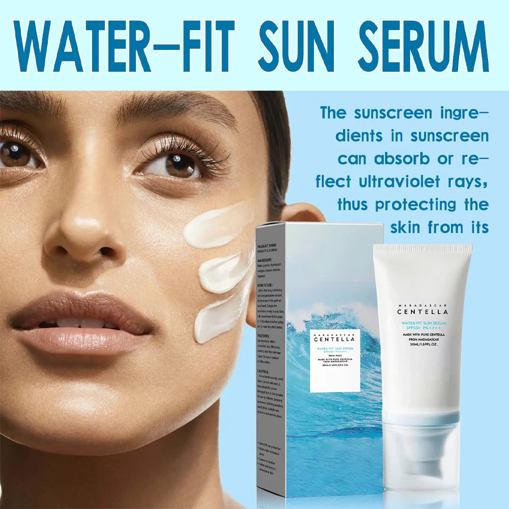 Water-fit sun serum in a white tube with a box, shown with cream applied to a model's face against a blue background.
