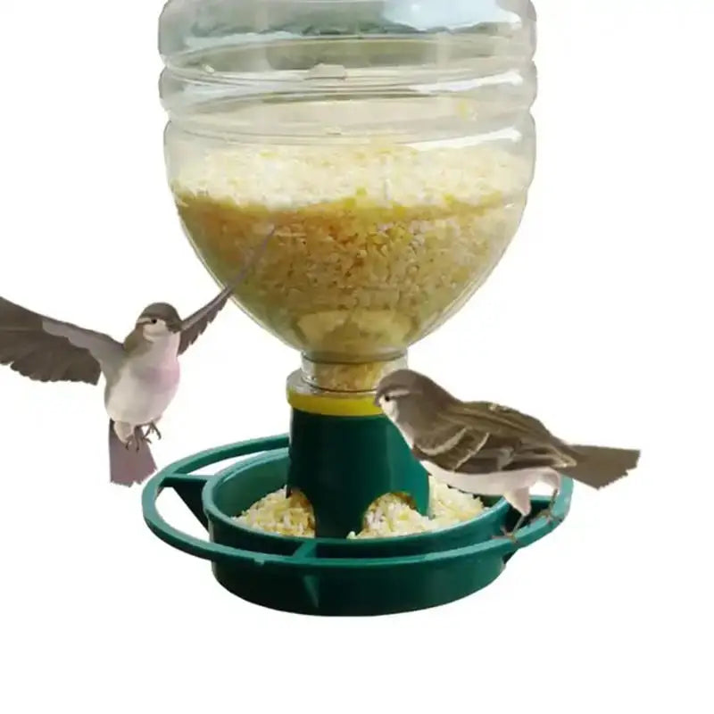 Clear plastic bird feeder with a green circular base, filled with yellow seeds, featuring two small birds nearby.