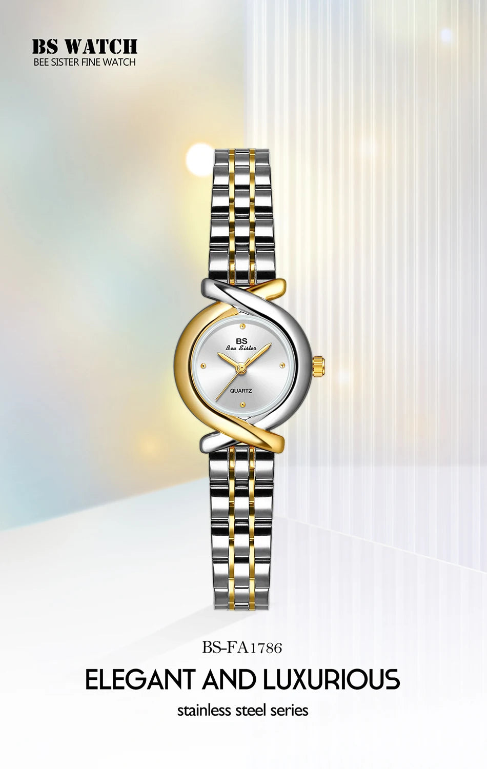 Elegant women’s quartz watch with a two-tone silver and gold stainless steel link strap and circular metal case.