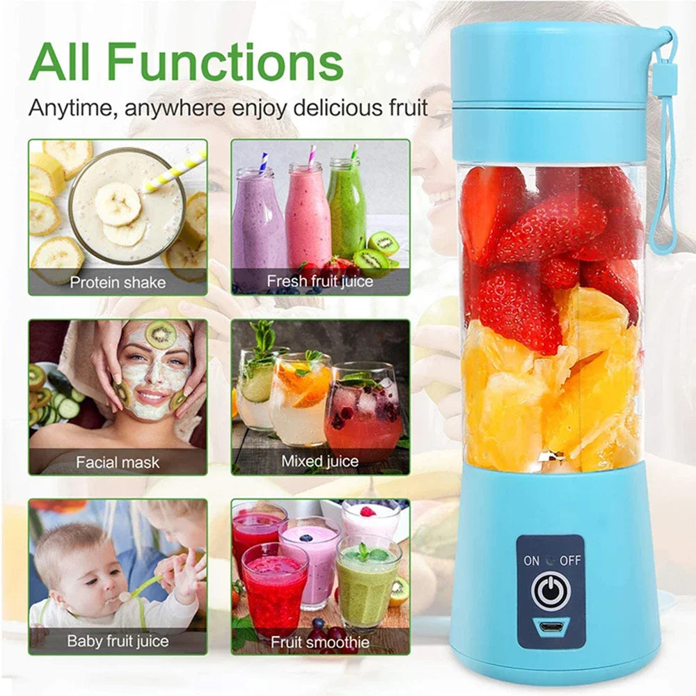 Portable light blue blender filled with strawberries and orange slices, featuring a power button and USB charging port.