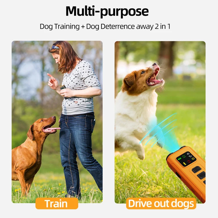 Orange rechargeable handheld dog training and deterrent device with LED light, shown in use outdoors.