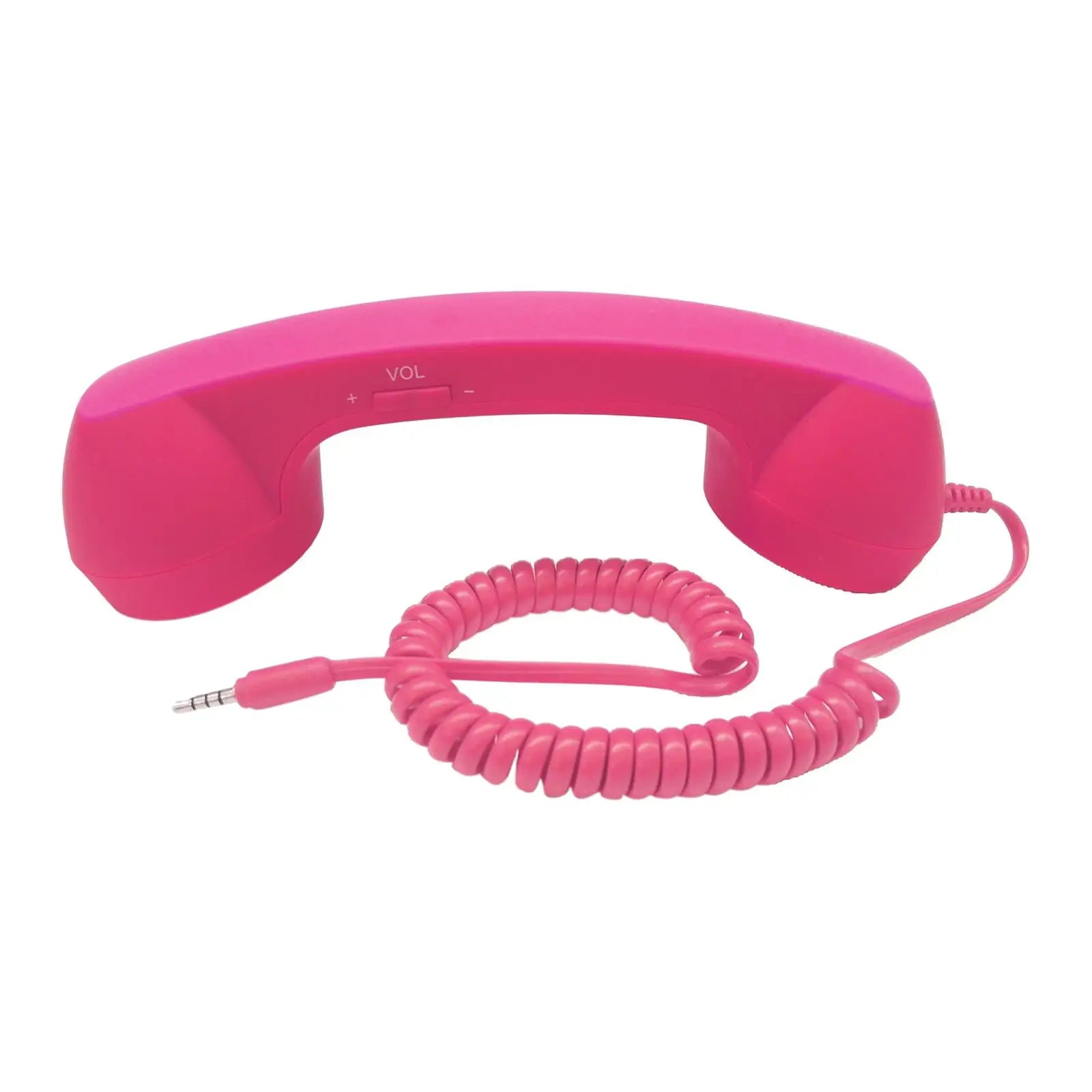 Bright pink retro-style telephone handset with a coiled cable, 3.5mm jack, and integrated volume control buttons.