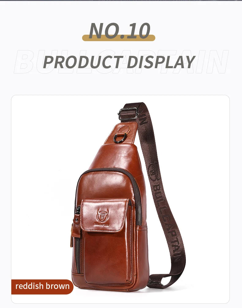 Reddish-brown leather crossbody sling bag with a zip-up main compartment, front pocket, and adjustable shoulder strap.