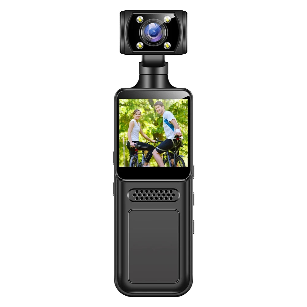 Black plastic handheld portable camera with a swivel lens, LED lights, and a digital display screen.