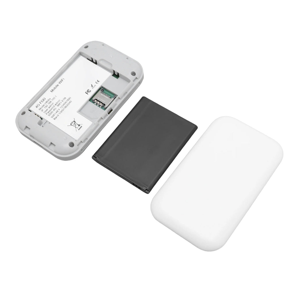 White portable 4G WiFi hotspot with its removable battery and back cover, shown disassembled against a white background.
