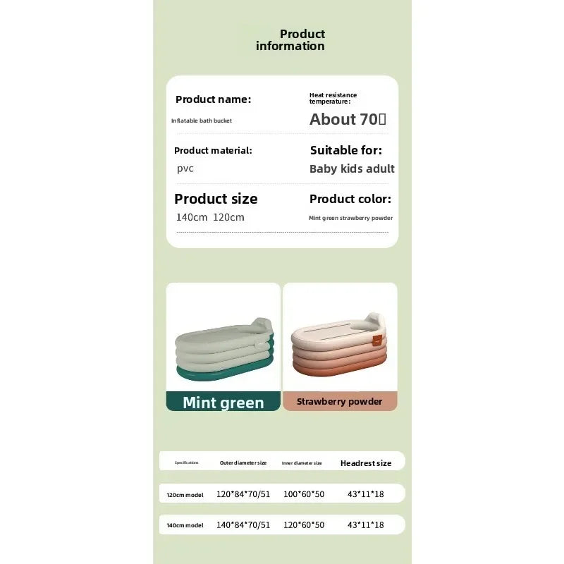 Product information infographic for an inflatable bath bucket in mint green and strawberry powder colors.
