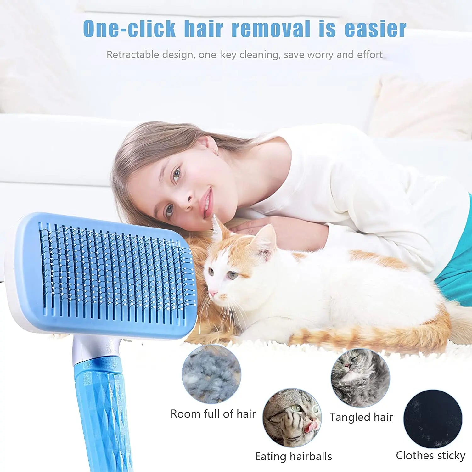 Blue self-cleaning pet grooming brush with textured handle, shown with a girl and cat to illustrate hair removal.