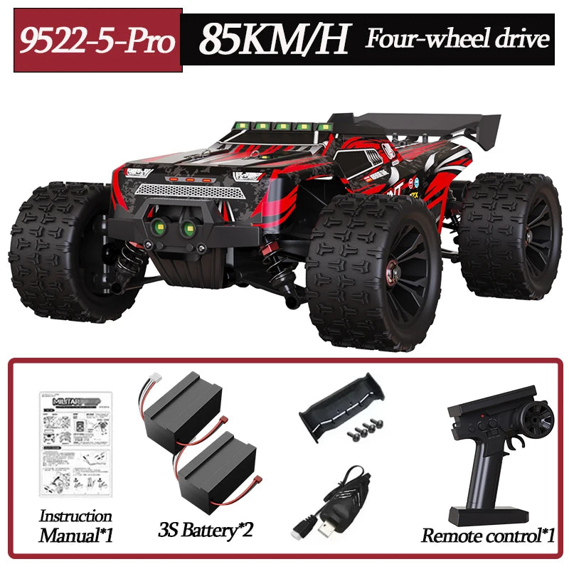 Black and red 9522PRO 4WD RC monster truck with large off-road tires, batteries, and remote control.