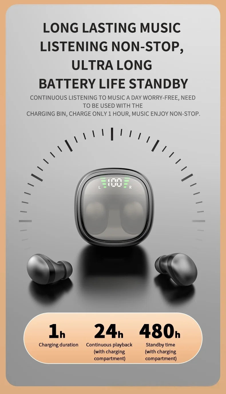 Black wireless earbuds with a charging case featuring a digital battery display. Text highlights battery performance.
