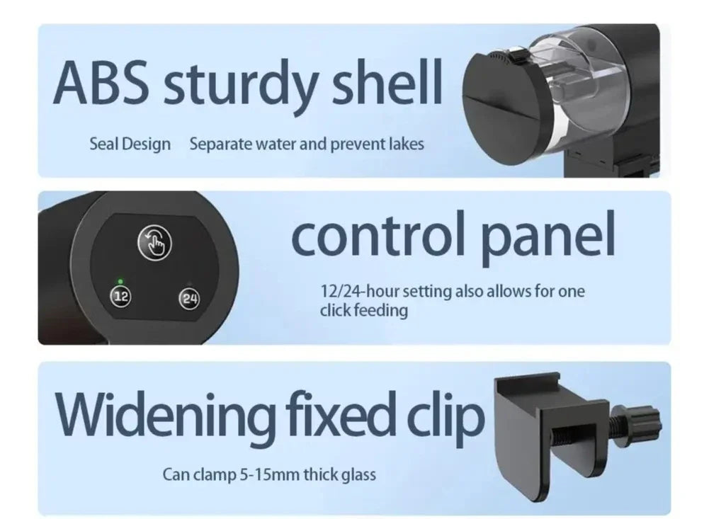 Automatic aquarium fish feeder with black housing, digital control panel, and adjustable glass-mounting clip.
