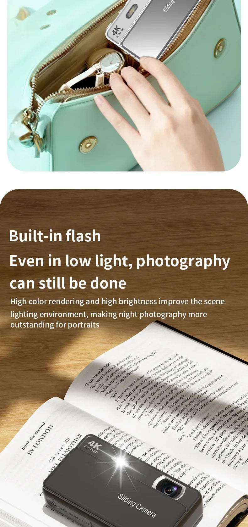 A compact black 4K digital camera with a sliding lens cover, pictured on an open book, showcasing its built-in flash.