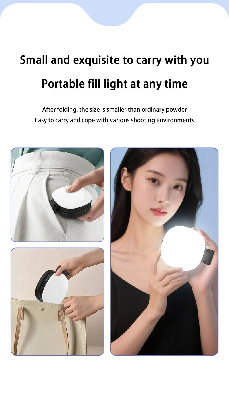 Compact, foldable LED fill light for photography. White and black design, portable enough for pockets or bags.