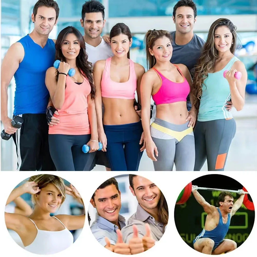 A diverse group of smiling people in bright gym wear posing with dumbbells, with smaller inset images of fitness.