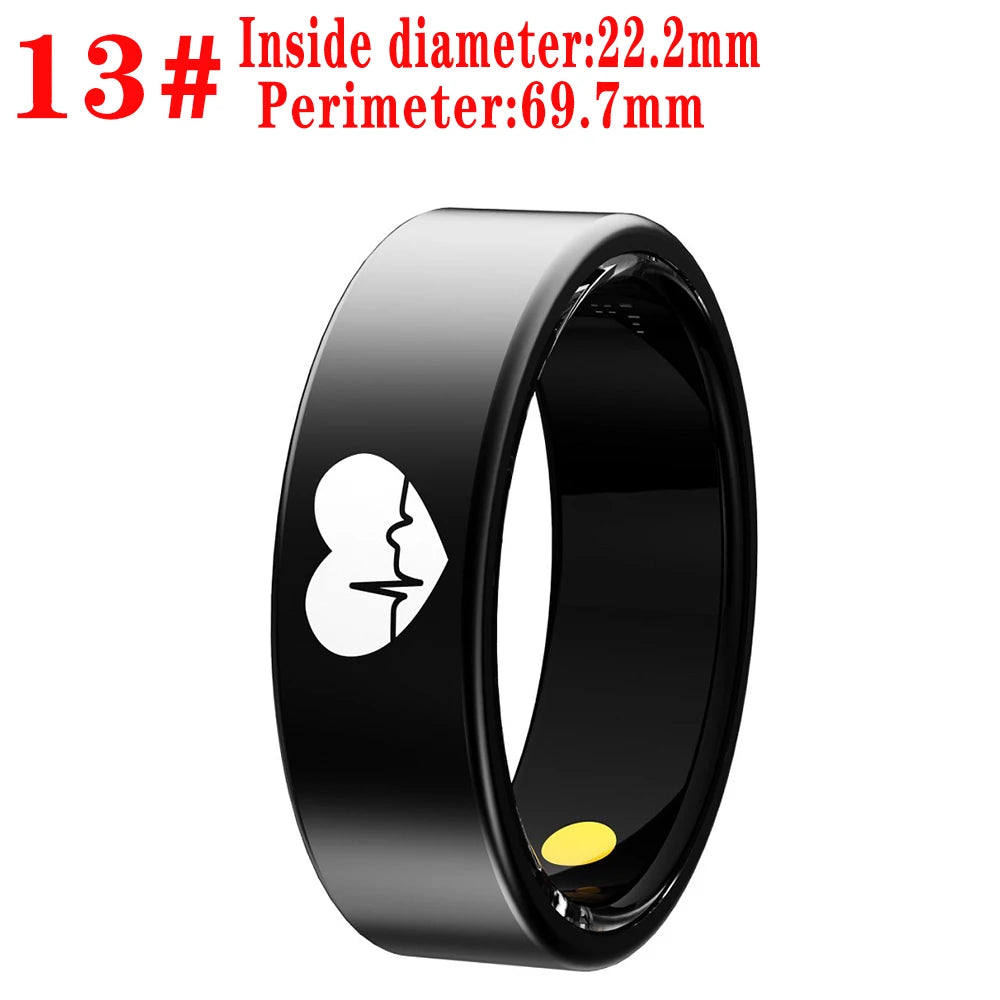 A sleek, black intelligent health-tracking ring featuring a white heart icon with a pulse line design.