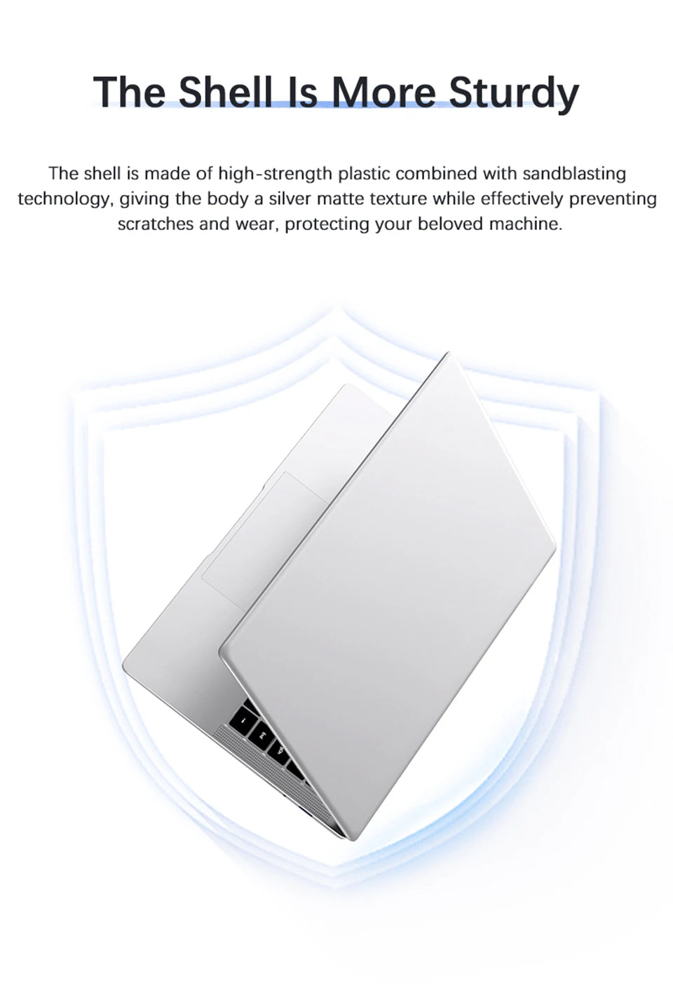 A slim 14.1-inch laptop with a durable, silver matte-textured finish, set against a protective shield graphic.