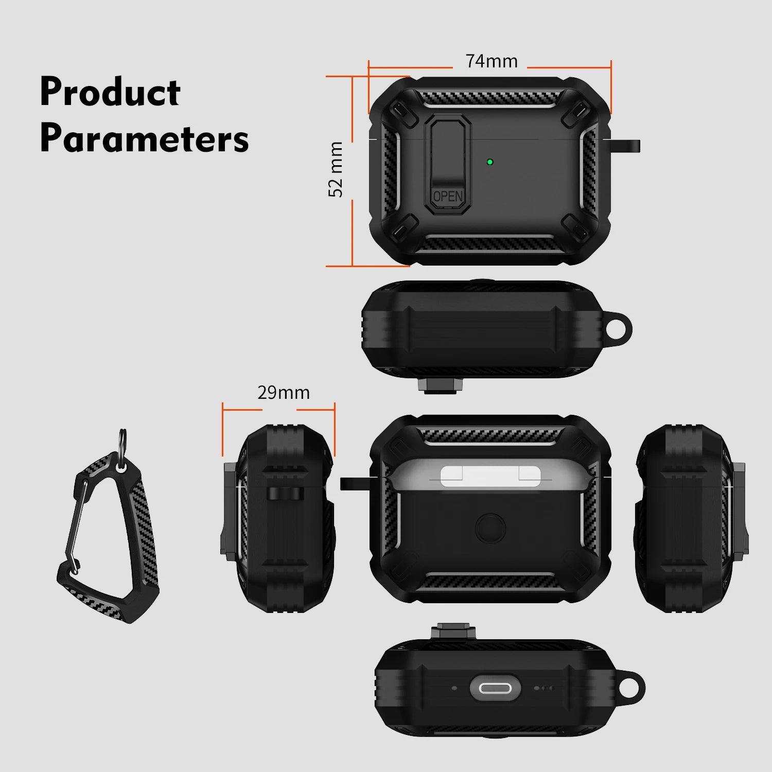 Black rugged carbon fibre style protective case for AirPods Pro with carabiner, showing technical product dimensions.