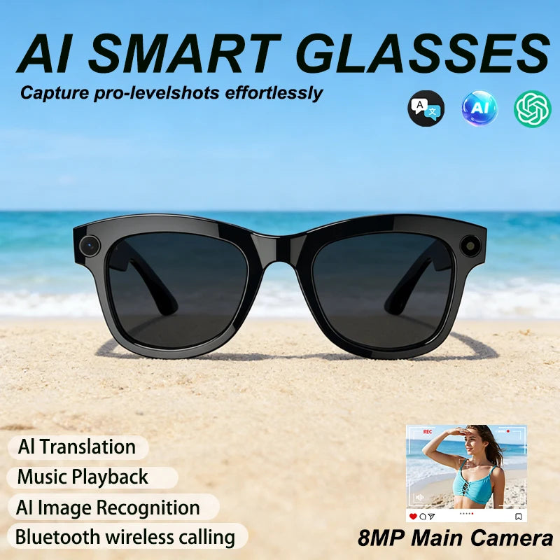 Black smart glasses with integrated HD cameras, shown on a beach, featuring AI, audio, and Bluetooth capabilities.