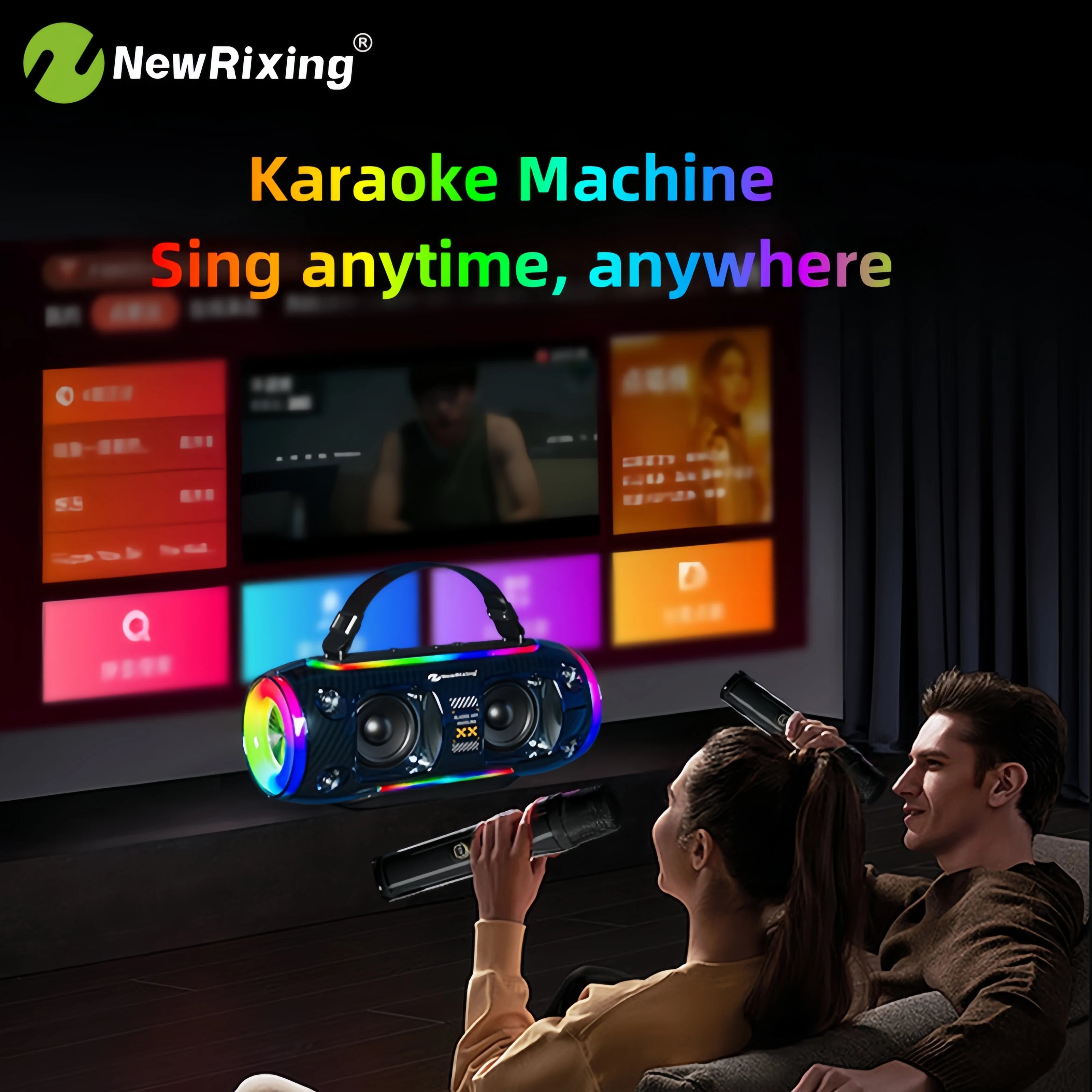 Portable black wireless speaker with colourful LED lights, carry handle, and two microphones in a home karaoke setting.