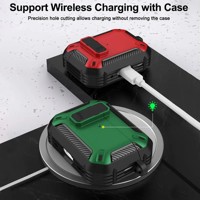 Rugged red and green protective cases for AirPods, featuring a carbon-fibre style finish and wireless charging support.